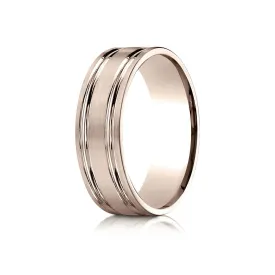14k Rose Gold 7mm Comfort-fit Satin-finished With Parallel Grooves Carved Design Band