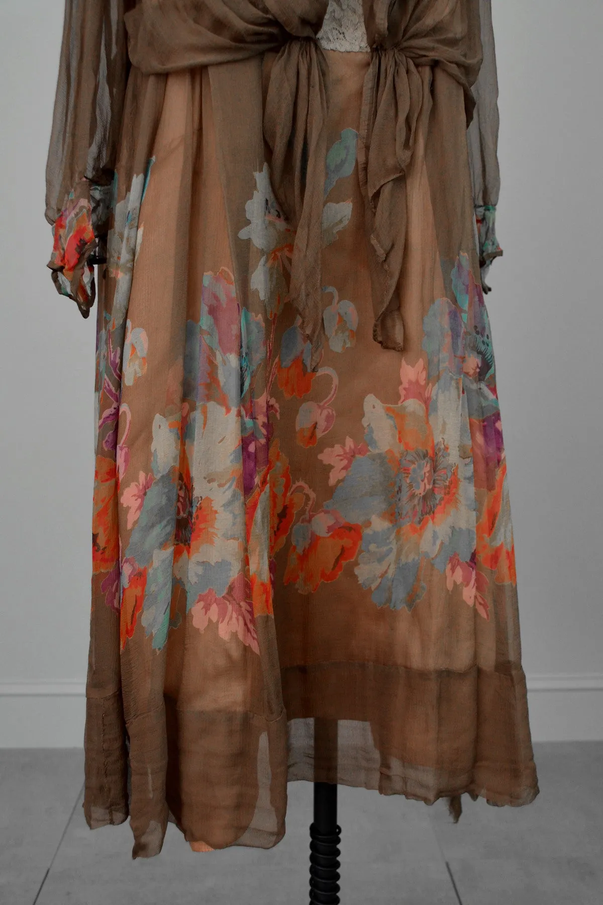 1920s Mocha Chiffon and Lace Vintage Flapper Dress with Vibrant Floral Print