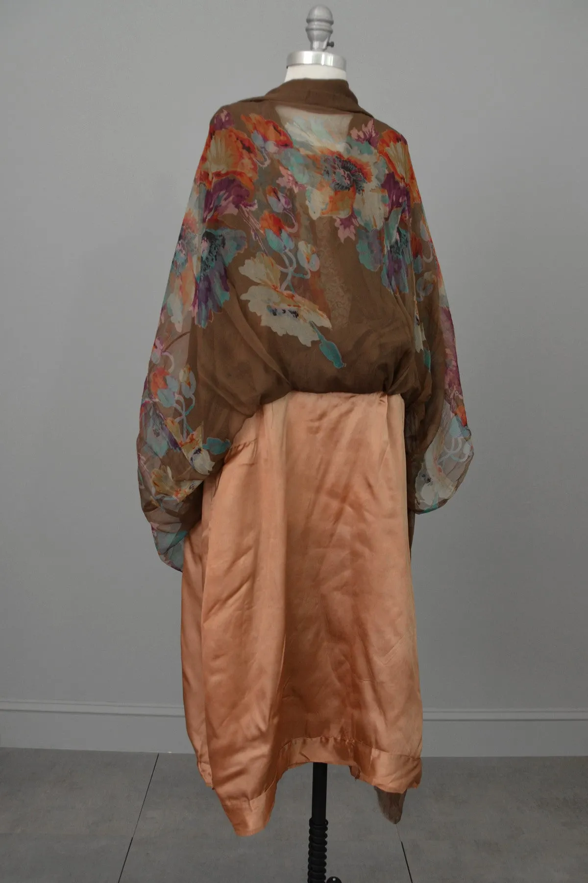 1920s Mocha Chiffon and Lace Vintage Flapper Dress with Vibrant Floral Print