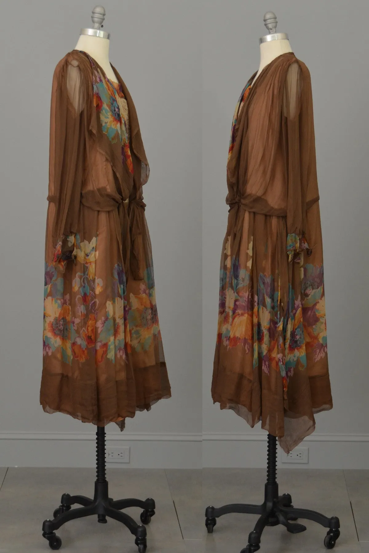1920s Mocha Chiffon and Lace Vintage Flapper Dress with Vibrant Floral Print