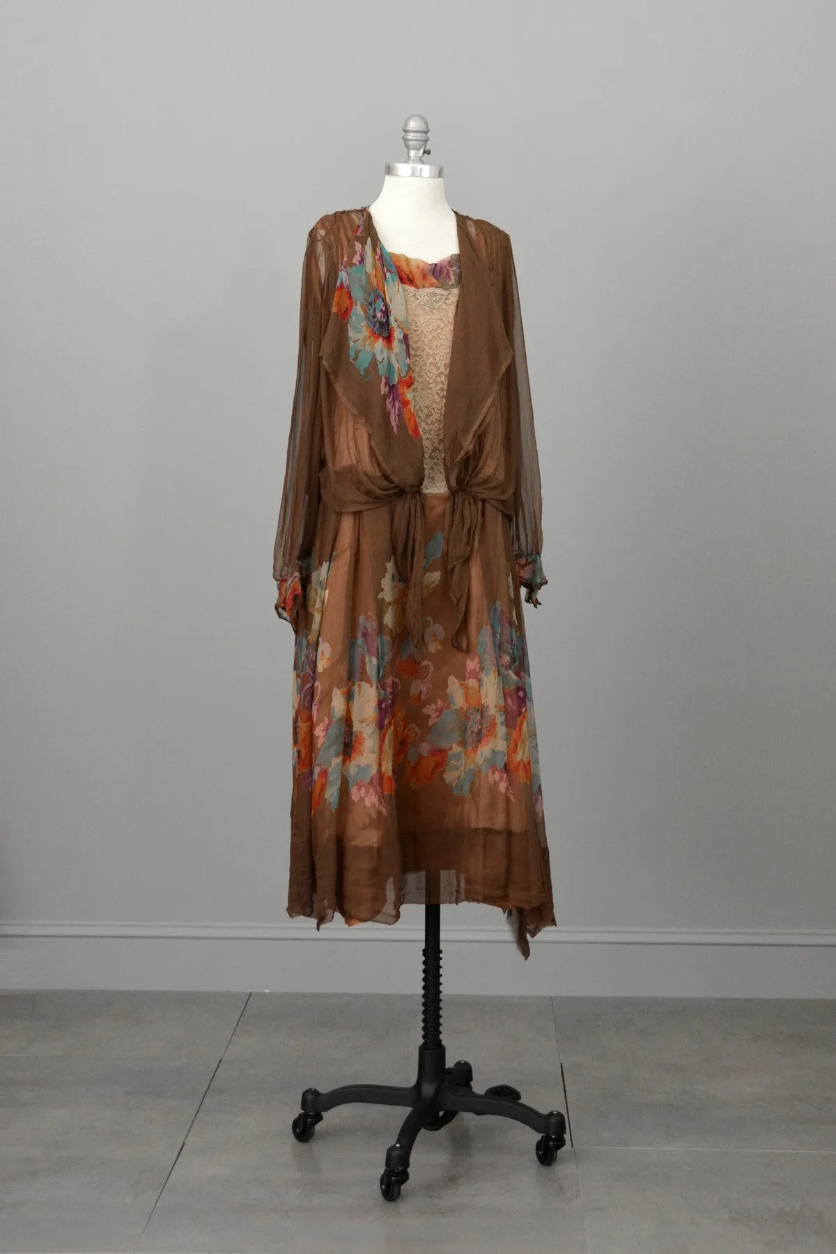 1920s Mocha Chiffon and Lace Vintage Flapper Dress with Vibrant Floral Print