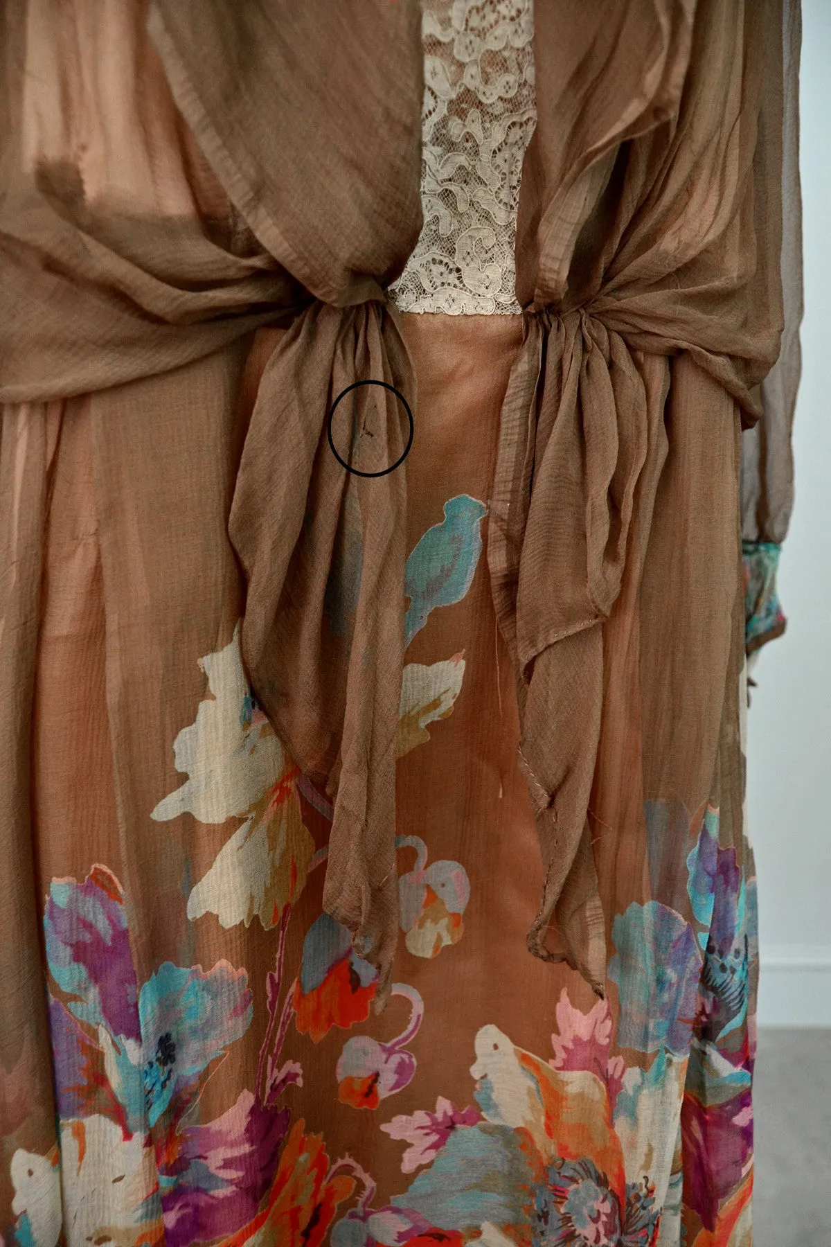 1920s Mocha Chiffon and Lace Vintage Flapper Dress with Vibrant Floral Print