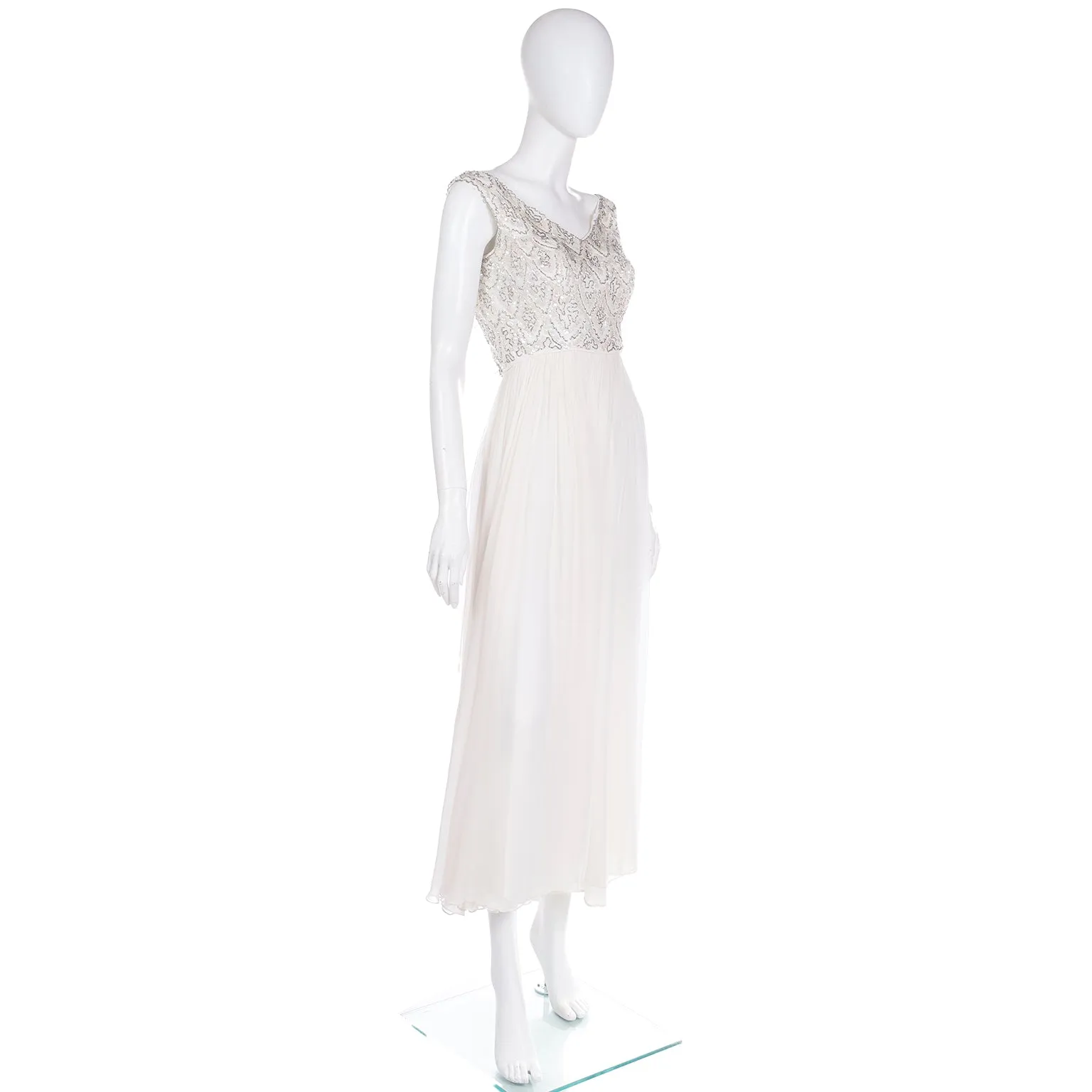 1960s Beaded White Silk Chiffon Evening Dress or Wedding Gown