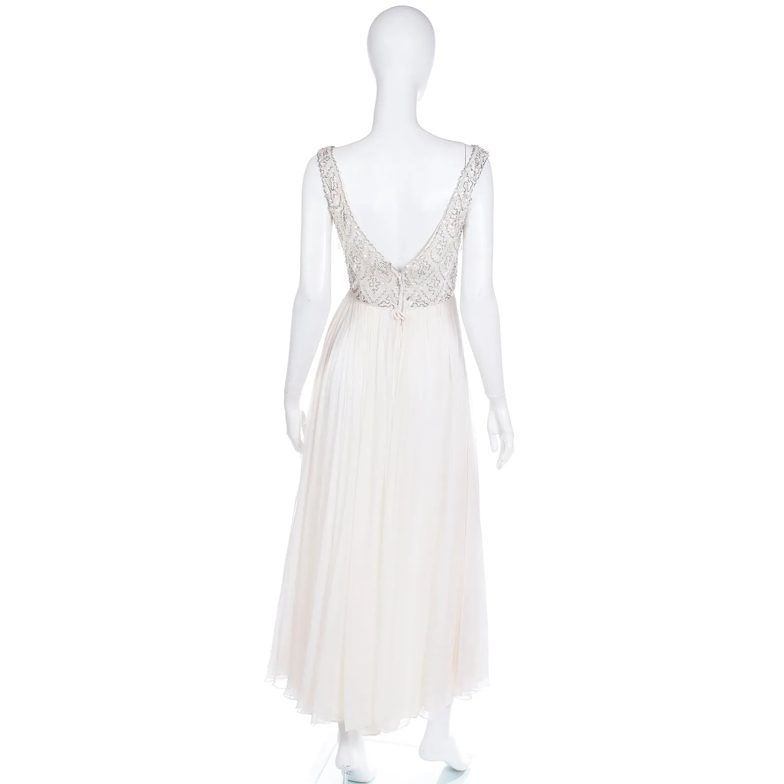 1960s Beaded White Silk Chiffon Evening Dress or Wedding Gown