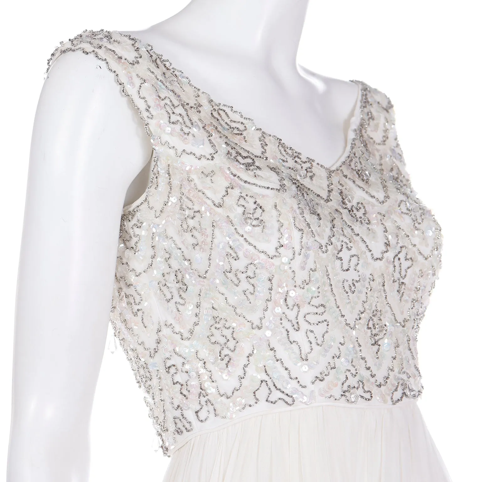 1960s Beaded White Silk Chiffon Evening Dress or Wedding Gown