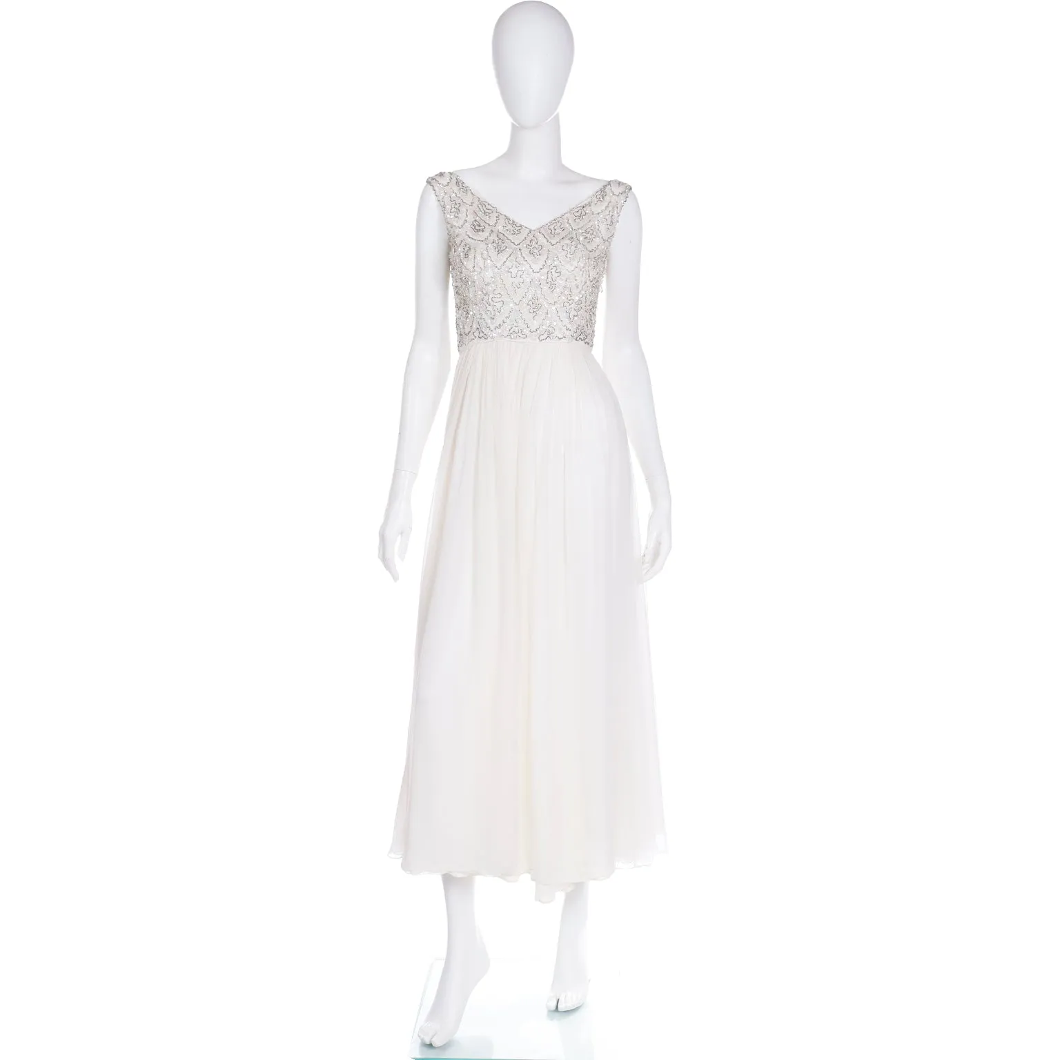 1960s Beaded White Silk Chiffon Evening Dress or Wedding Gown