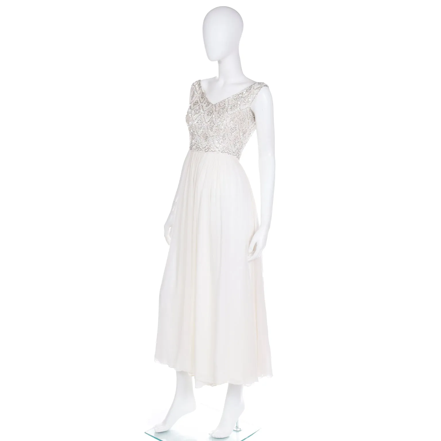 1960s Beaded White Silk Chiffon Evening Dress or Wedding Gown