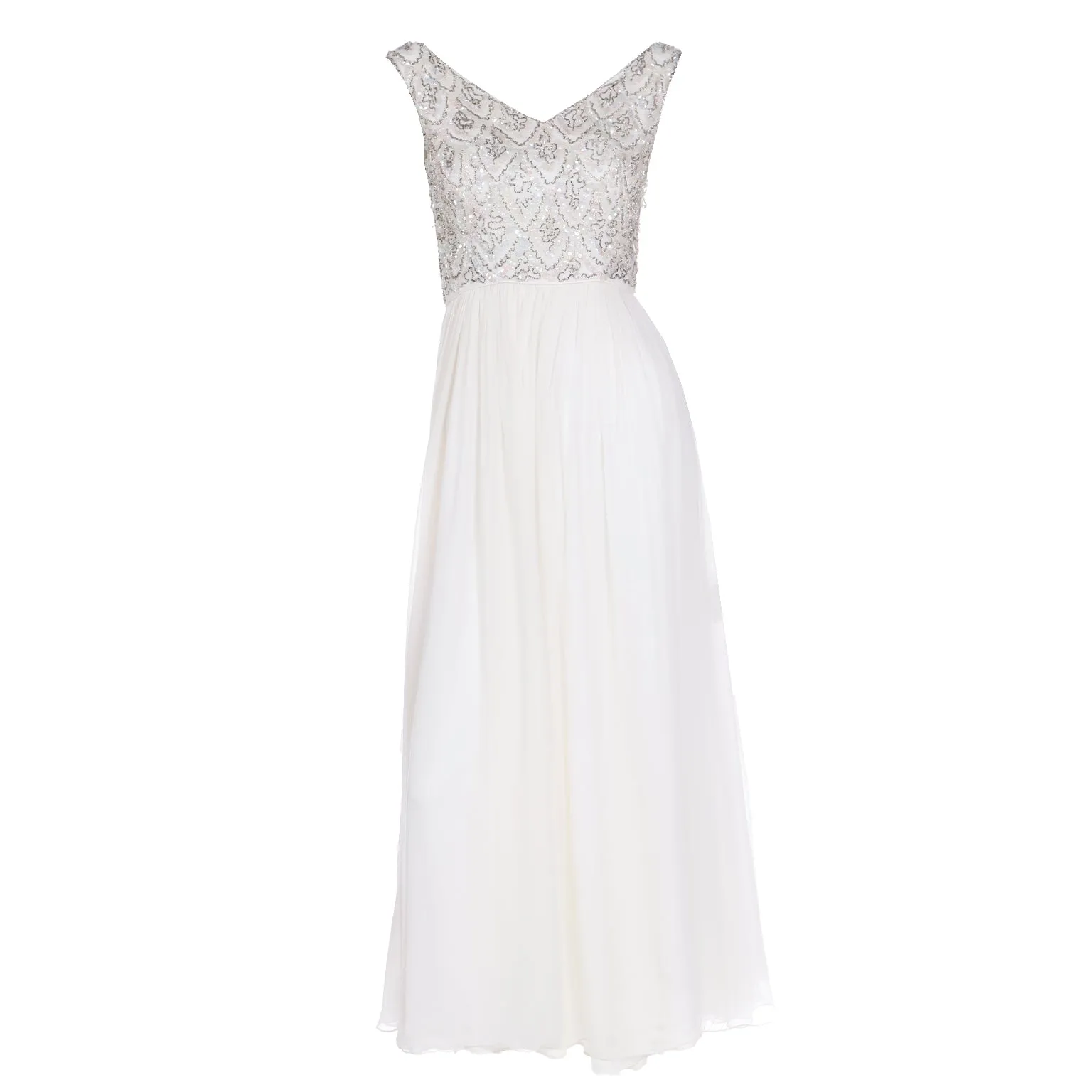 1960s Beaded White Silk Chiffon Evening Dress or Wedding Gown