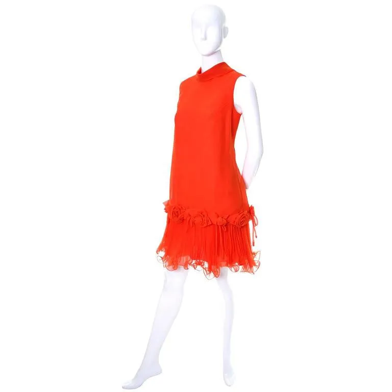1960s Dupuis Jack Bryan Tomato Red Chiffon Vintage Dress Dead Stock NWT 10