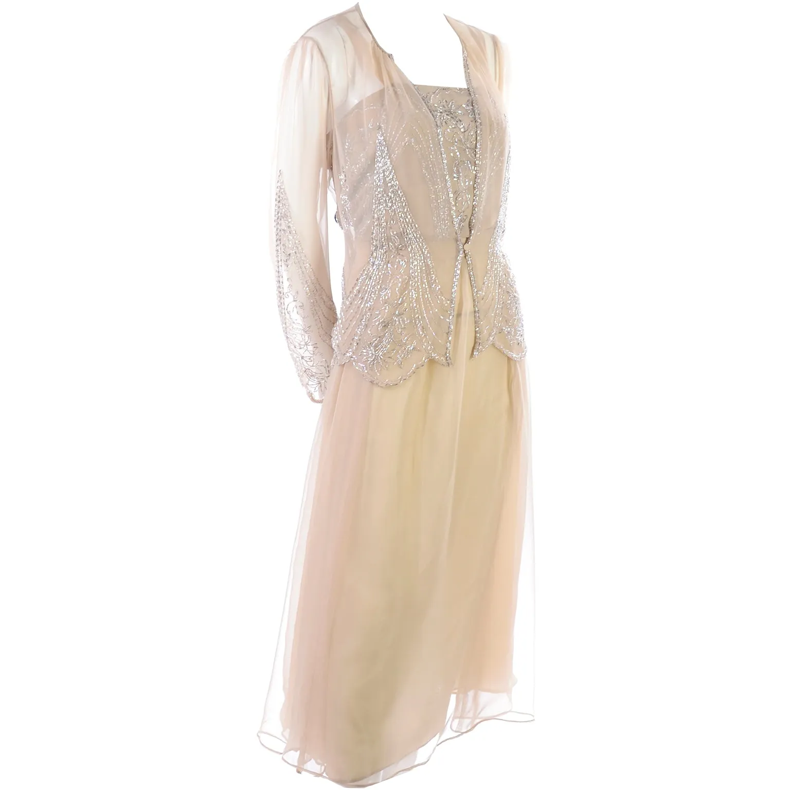 1970s Jack Bryan 1920s Style Beaded Sand Dress With Sheer Chiffon Jacket