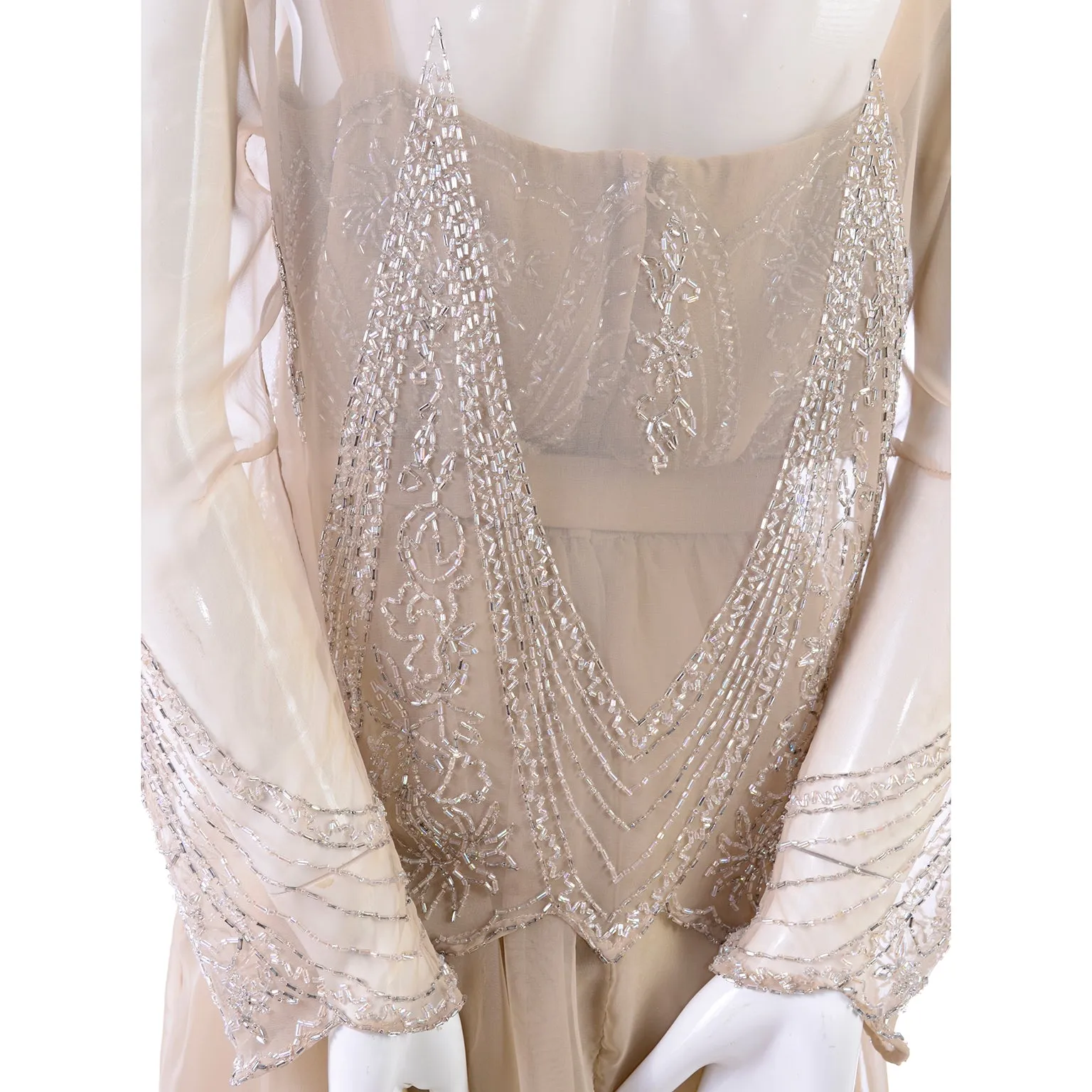 1970s Jack Bryan 1920s Style Beaded Sand Dress With Sheer Chiffon Jacket