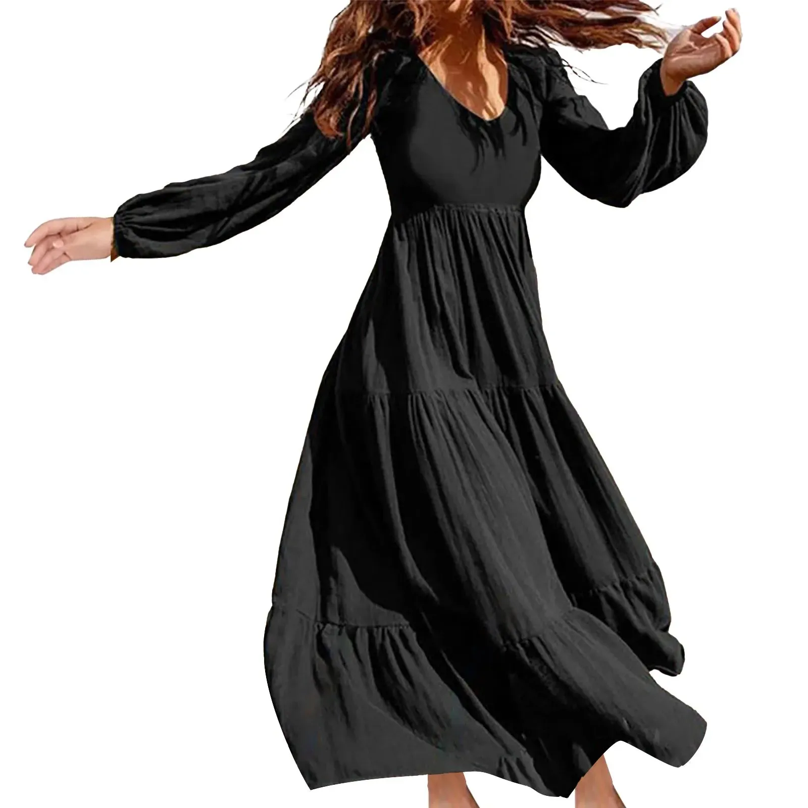 2024 Plus Size Solid Color V-Neck A-Line Boho Maxi Dress