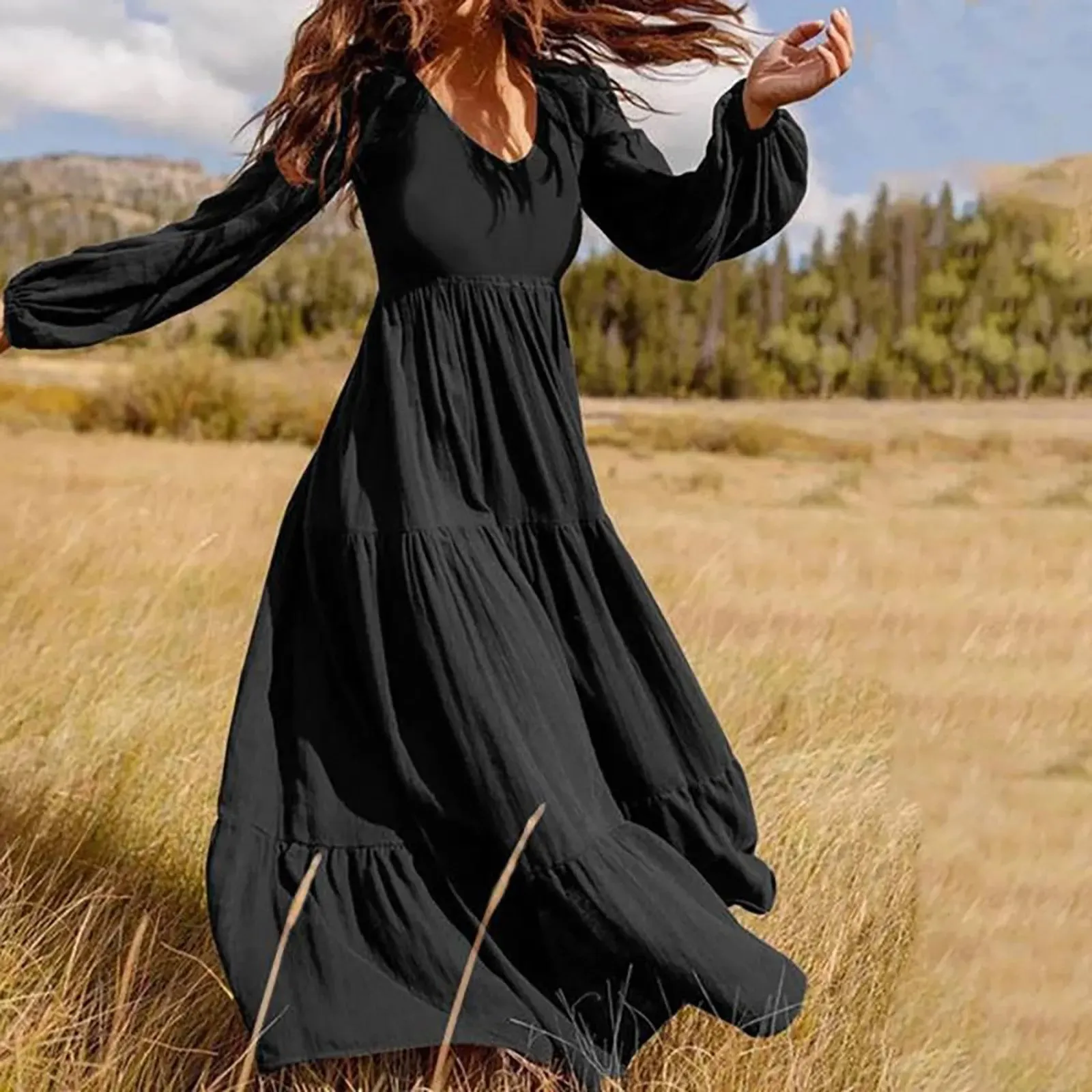 2024 Plus Size Solid Color V-Neck A-Line Boho Maxi Dress
