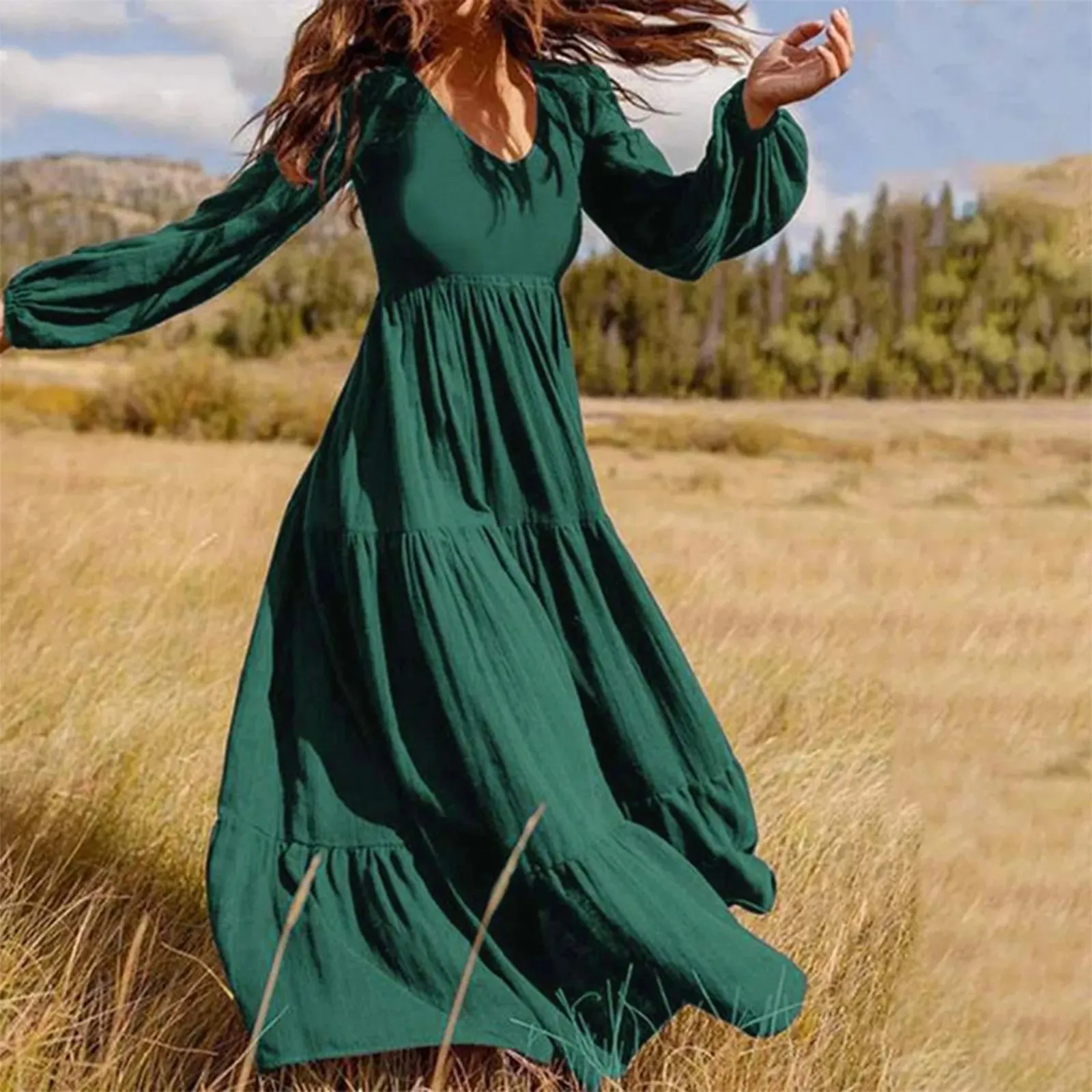 2024 Plus Size Solid Color V-Neck A-Line Boho Maxi Dress