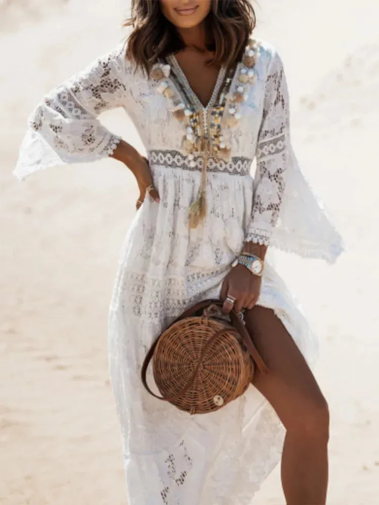 2024 Retro Boho Lace Maxi Dress White Wedding Boho Dress