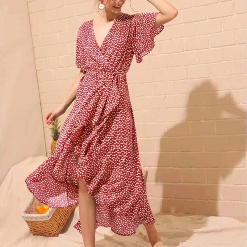 2024 V-Neck Bohemian Lace-Up Chiffon Print High Waist Boho Dress
