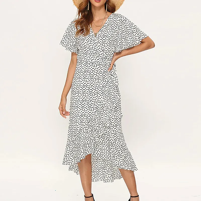 2024 V-Neck Bohemian Lace-Up Chiffon Print High Waist Boho Dress