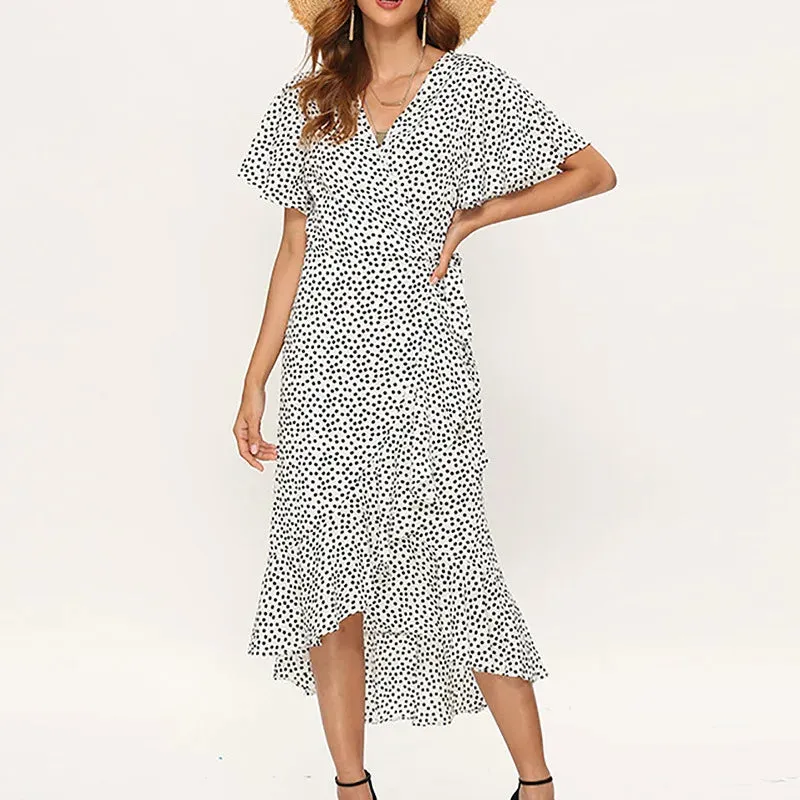 2024 V-Neck Bohemian Lace-Up Chiffon Print High Waist Boho Dress