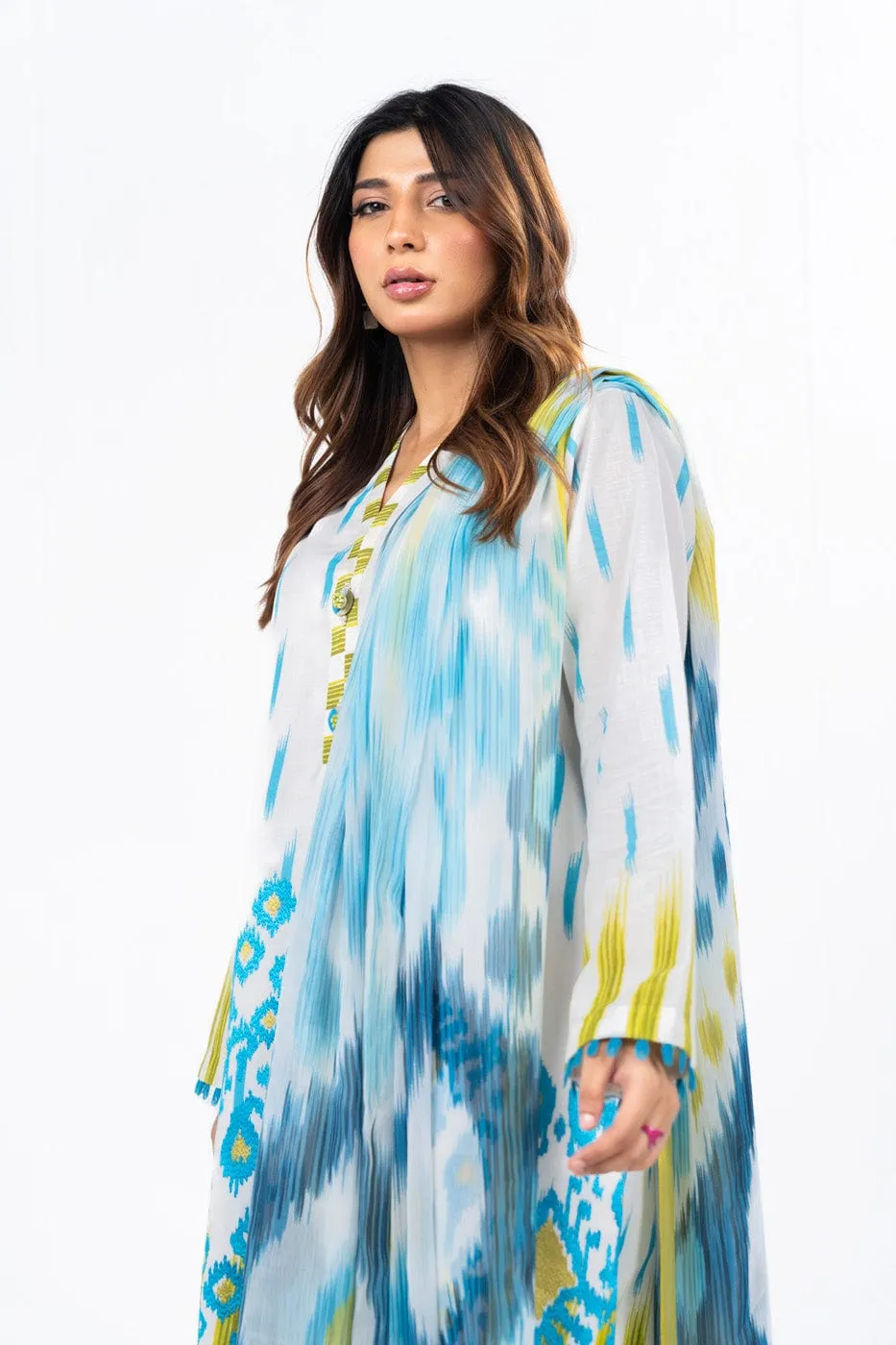 3 Pc Dyed Embroidered Light Cambric Shirt With Printed Chiffon Dupatta