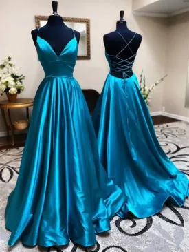 A Line V Neck Backless Teal Satin Long Prom, Open Back V Neck Blue Formal Graduation Evening