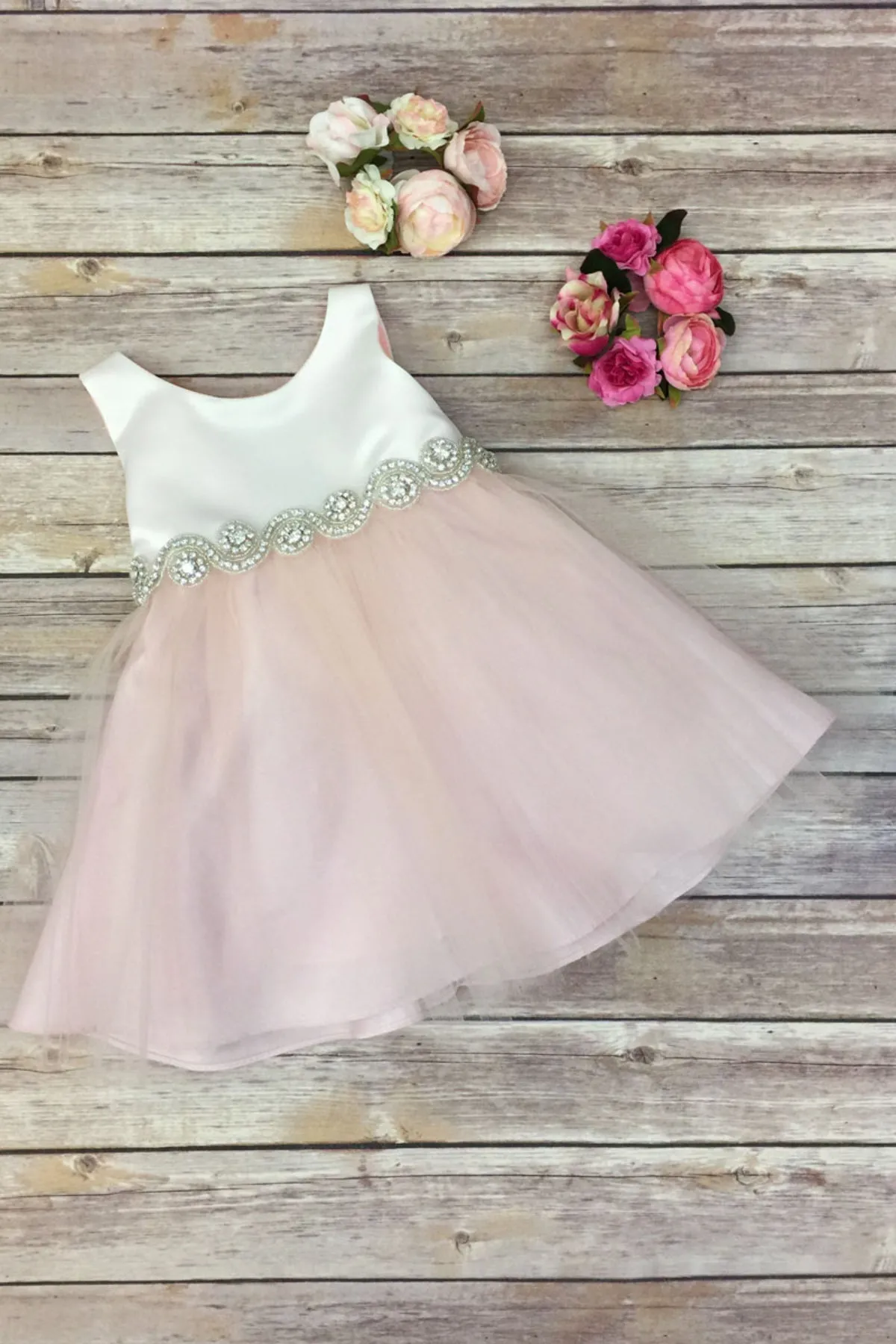 Abigail Satin & Tulle Baby Dress with Swirl Rhinestone Belt