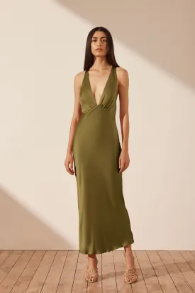 ARIENZO PLUNGED CROSS BACK MIDI DRESS - GREEN OLIVE