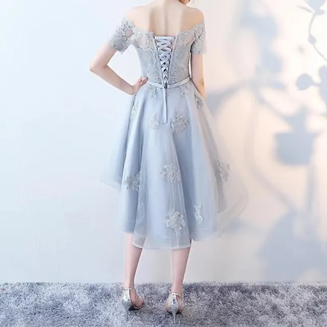 Asymmetric Style Silver Tulle Off Shoulder Bridesmaid Dresses Lace Appliques