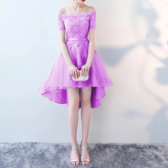Asymmetric Style Silver Tulle Off Shoulder Bridesmaid Dresses Lace Appliques