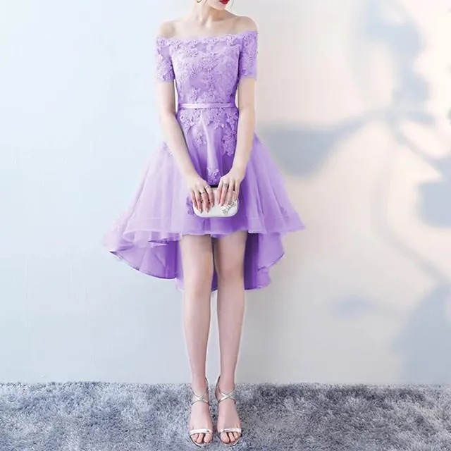 Asymmetric Style Silver Tulle Off Shoulder Bridesmaid Dresses Lace Appliques