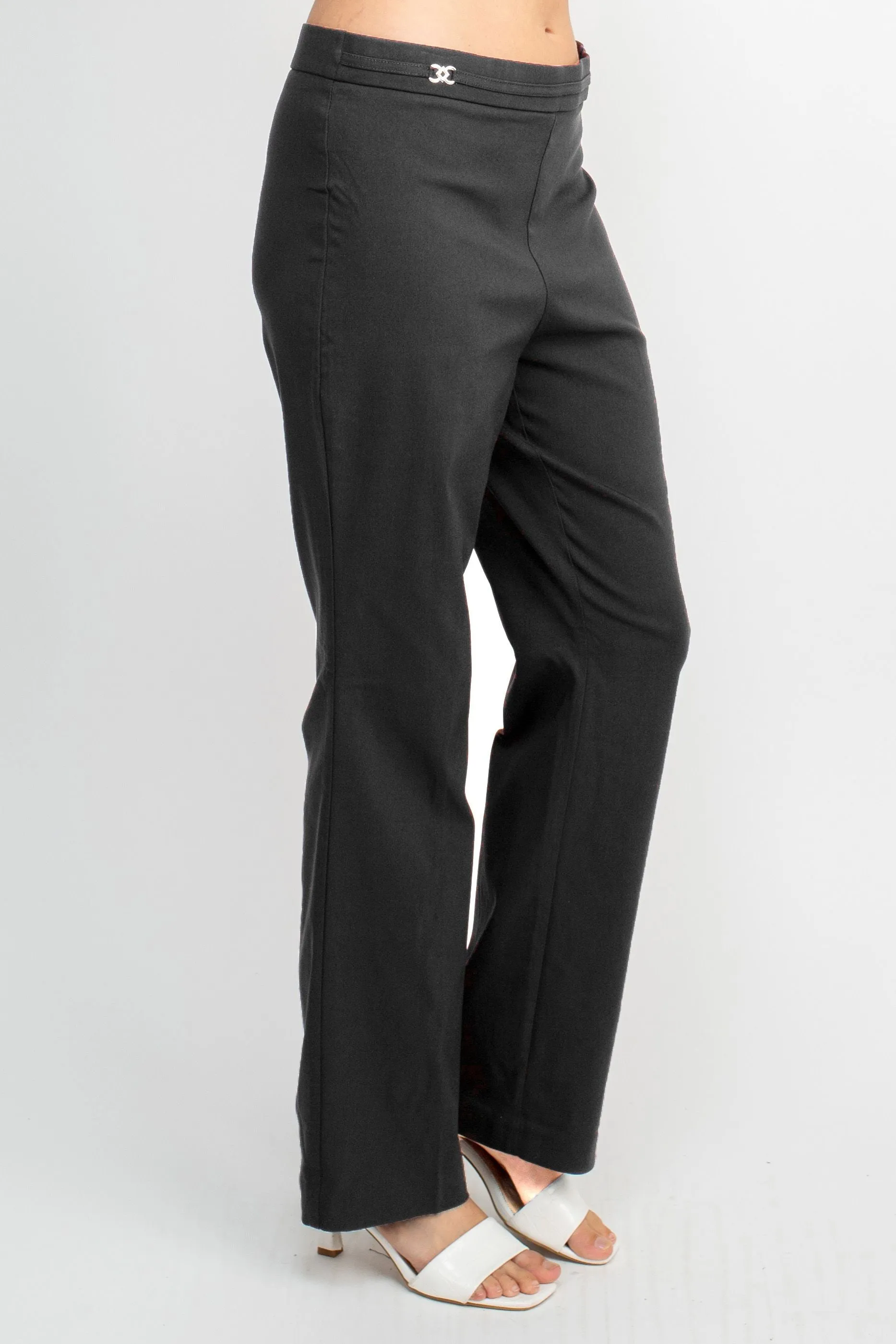 Banded Waist Pull On Straight Cut Solid Hardware Detail Stretch Rayon Pants