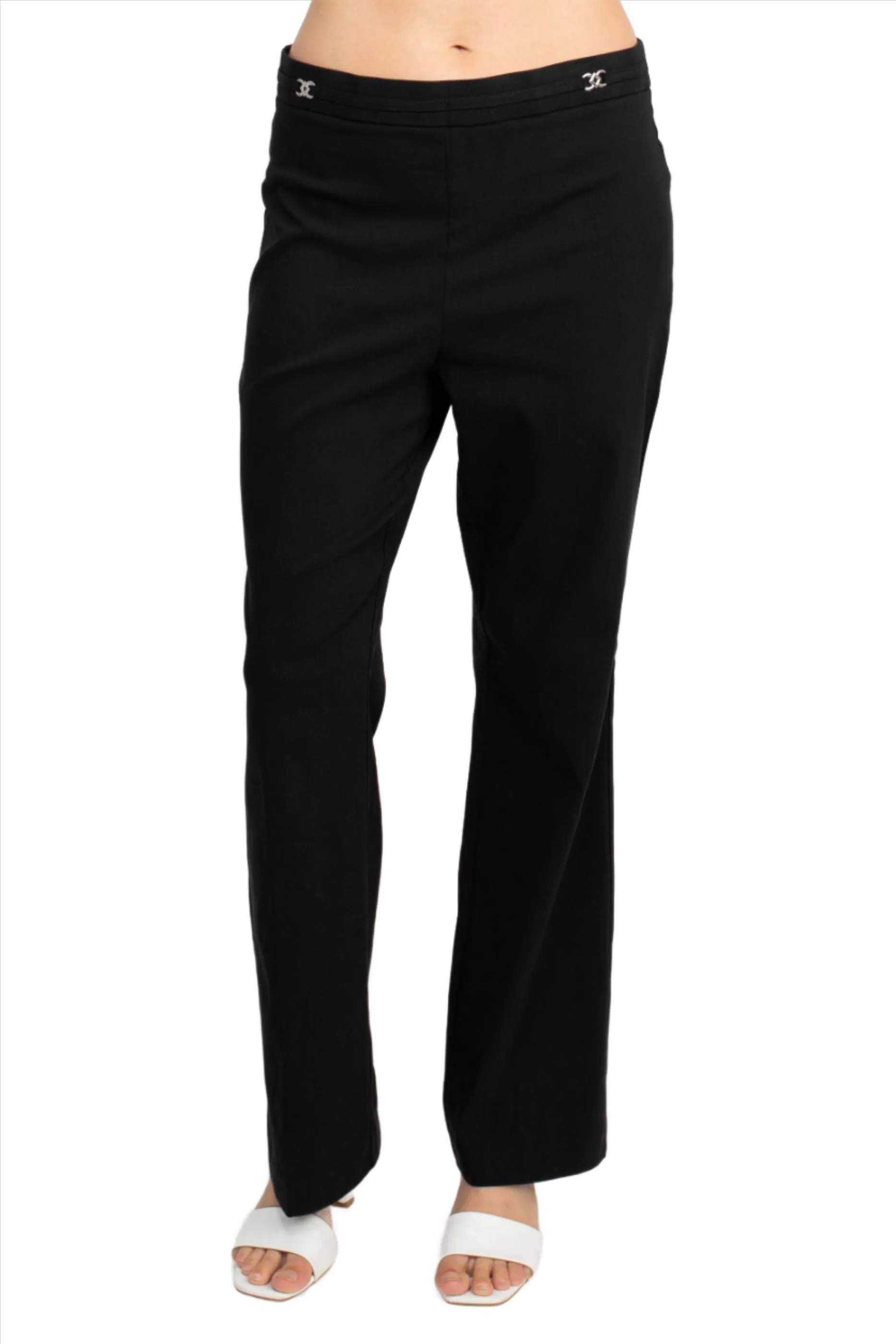 Banded Waist Pull On Straight Cut Solid Hardware Detail Stretch Rayon Pants