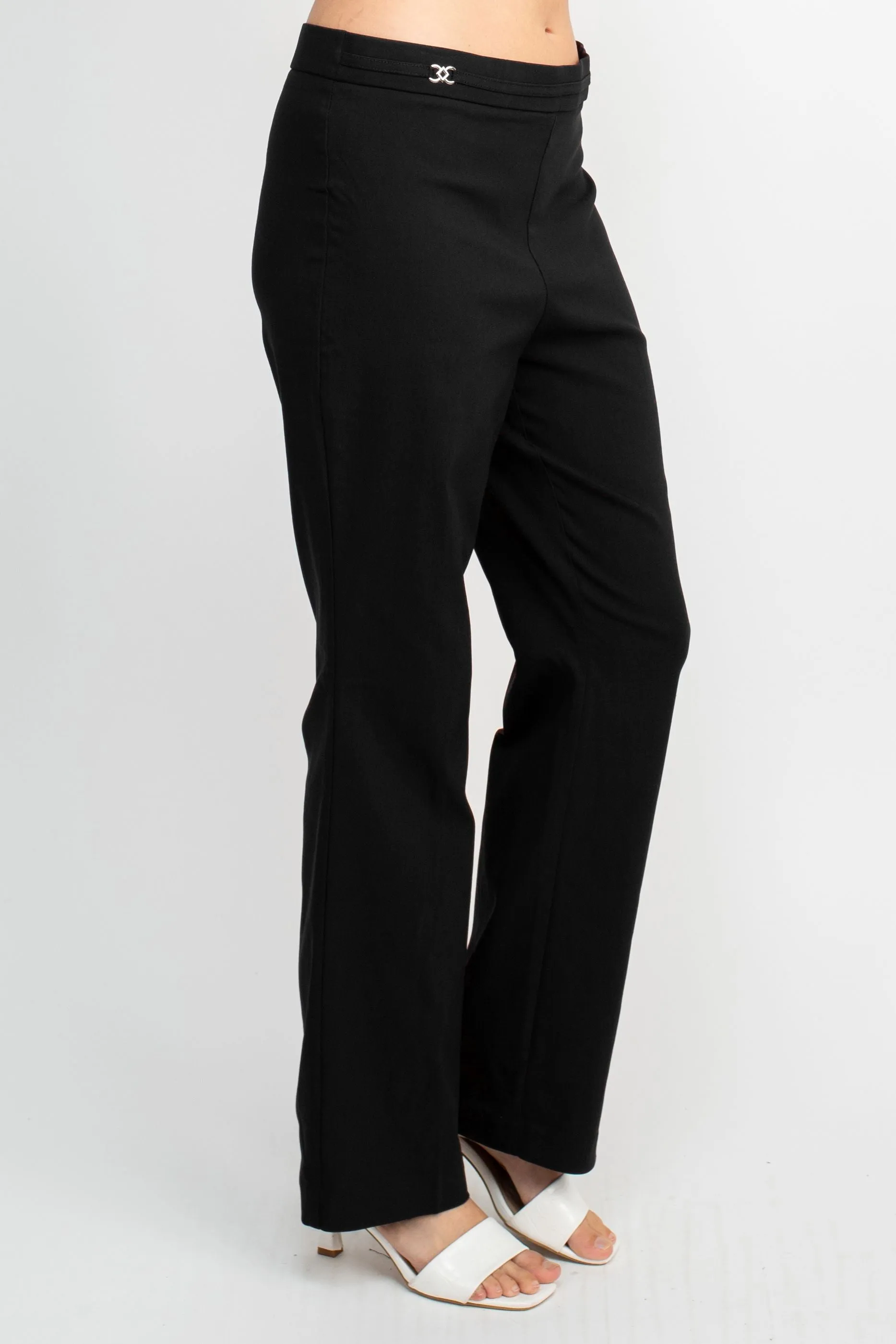 Banded Waist Pull On Straight Cut Solid Hardware Detail Stretch Rayon Pants