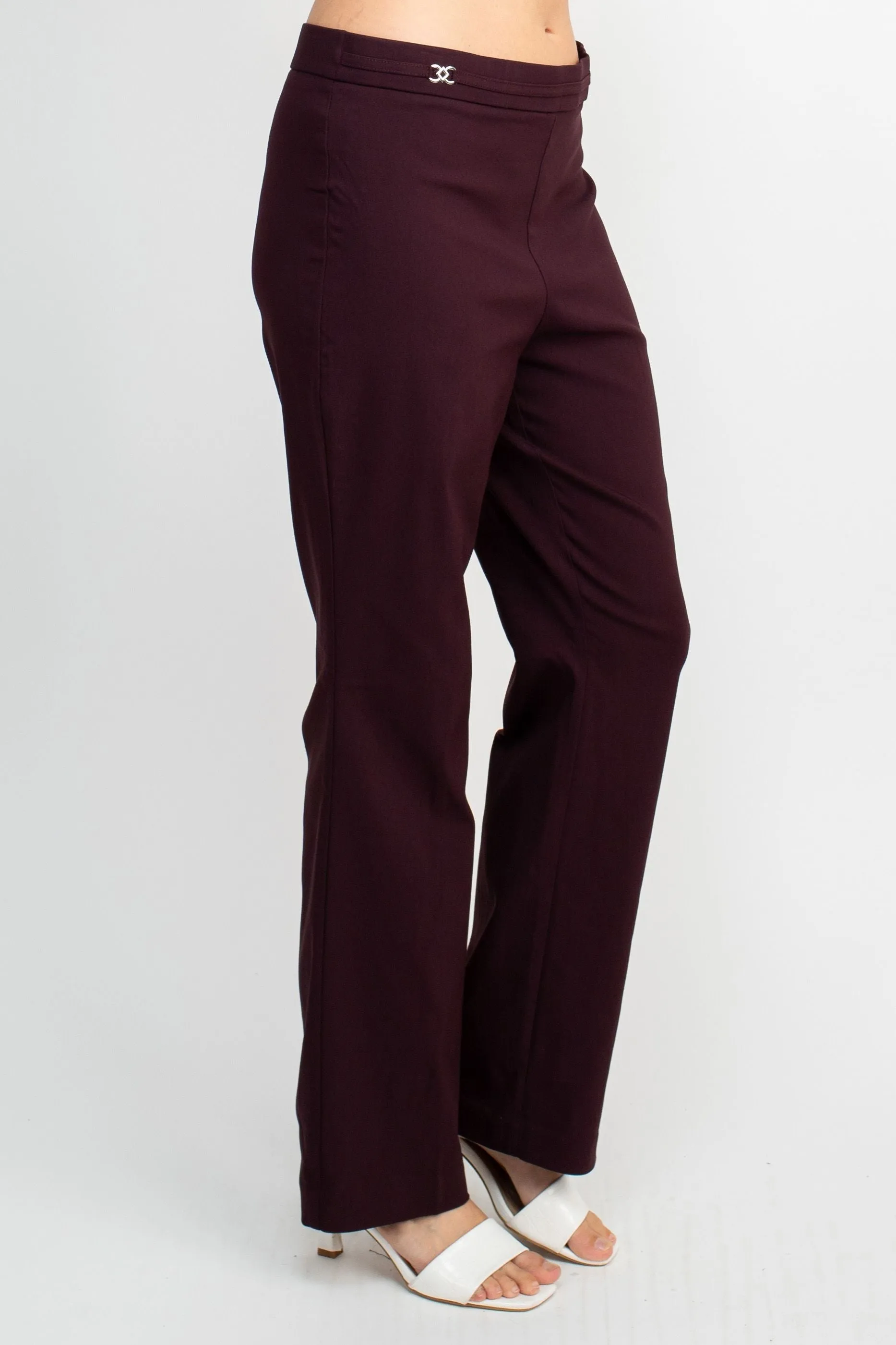 Banded Waist Pull On Straight Cut Solid Hardware Detail Stretch Rayon Pants