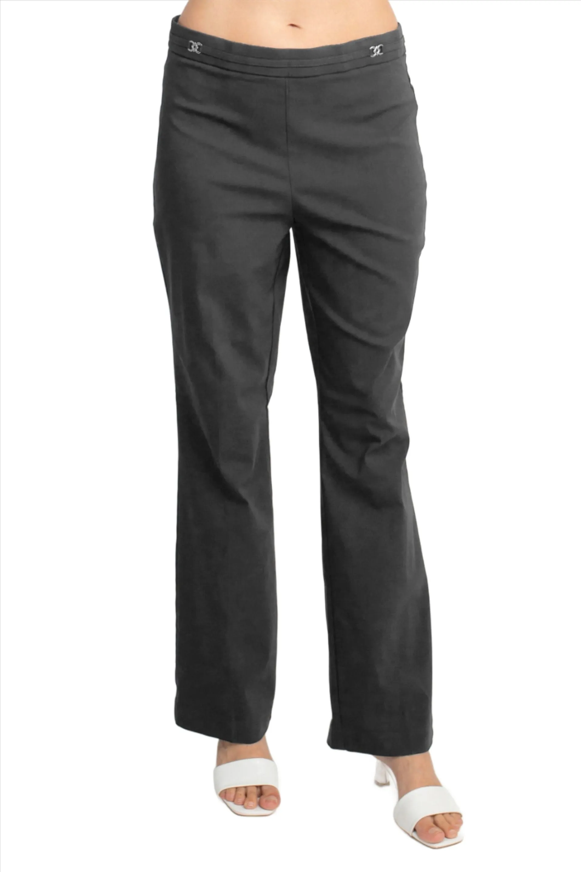 Banded Waist Pull On Straight Cut Solid Hardware Detail Stretch Rayon Pants