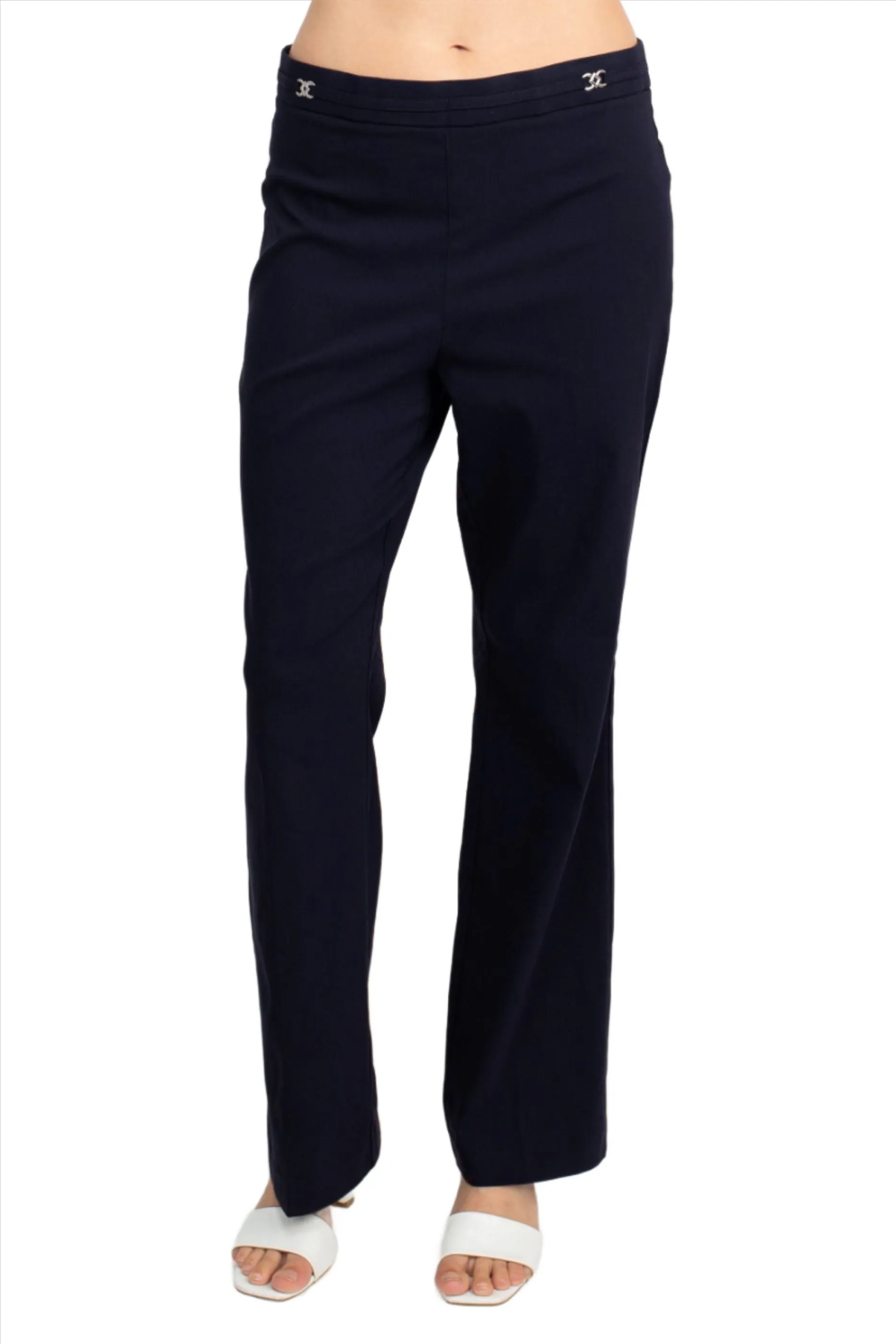 Banded Waist Pull On Straight Cut Solid Hardware Detail Stretch Rayon Pants
