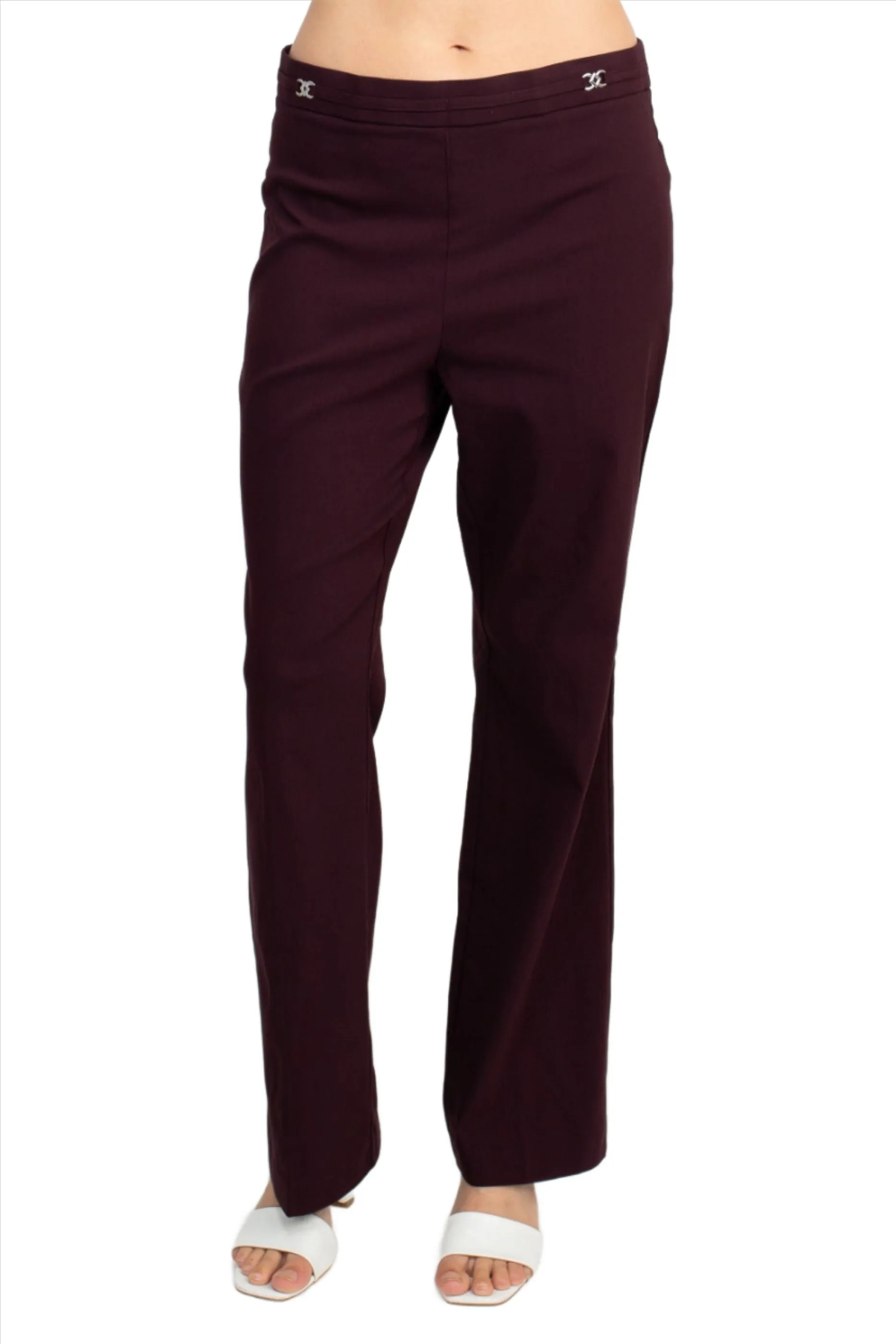 Banded Waist Pull On Straight Cut Solid Hardware Detail Stretch Rayon Pants