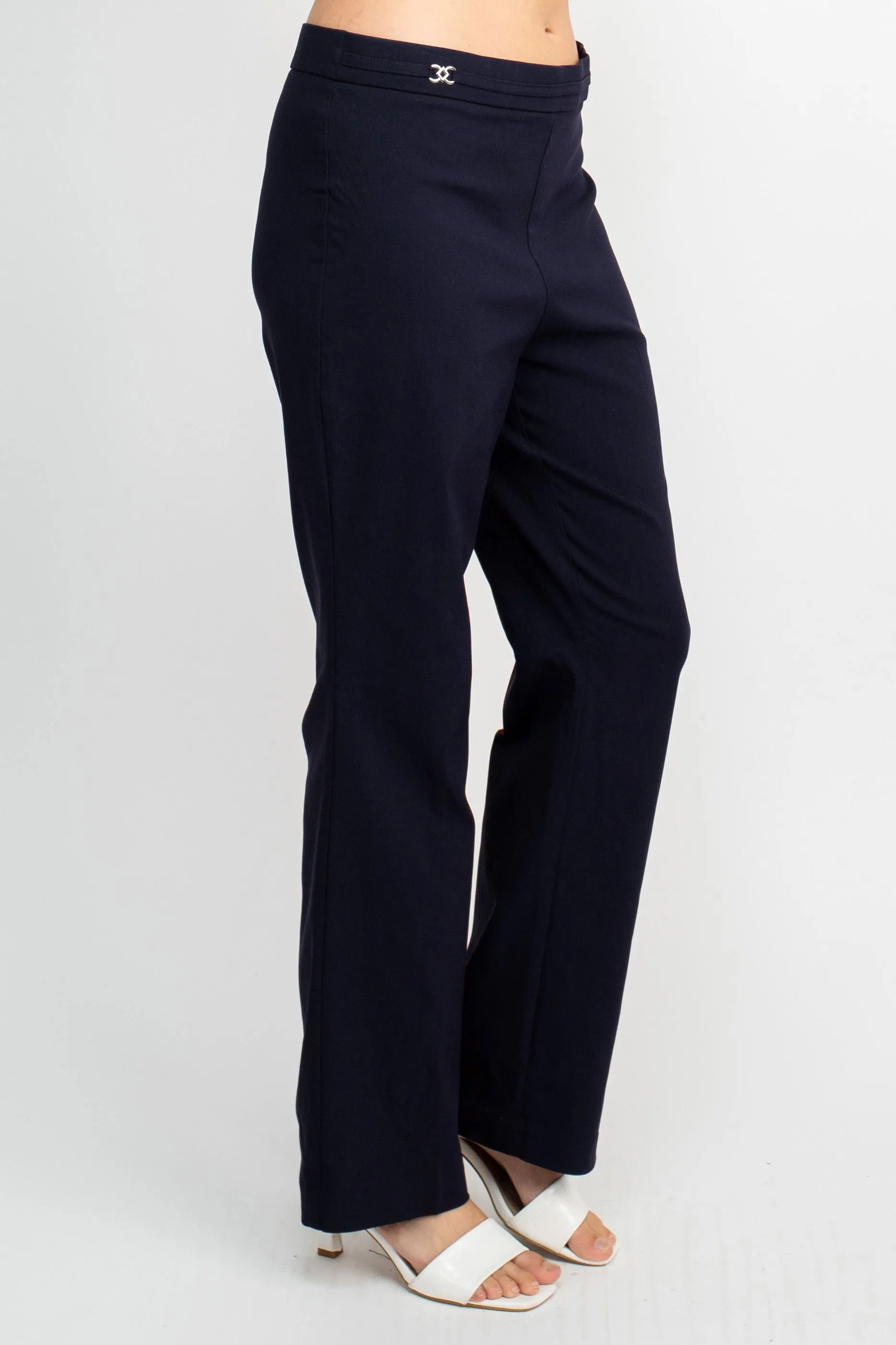 Banded Waist Pull On Straight Cut Solid Hardware Detail Stretch Rayon Pants
