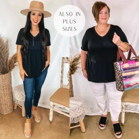 Biggest Smile Short Sleeve V Neck Babydoll Top in Black