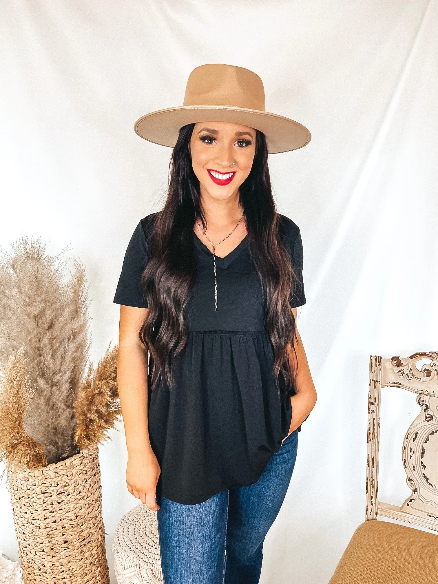 Biggest Smile Short Sleeve V Neck Babydoll Top in Black