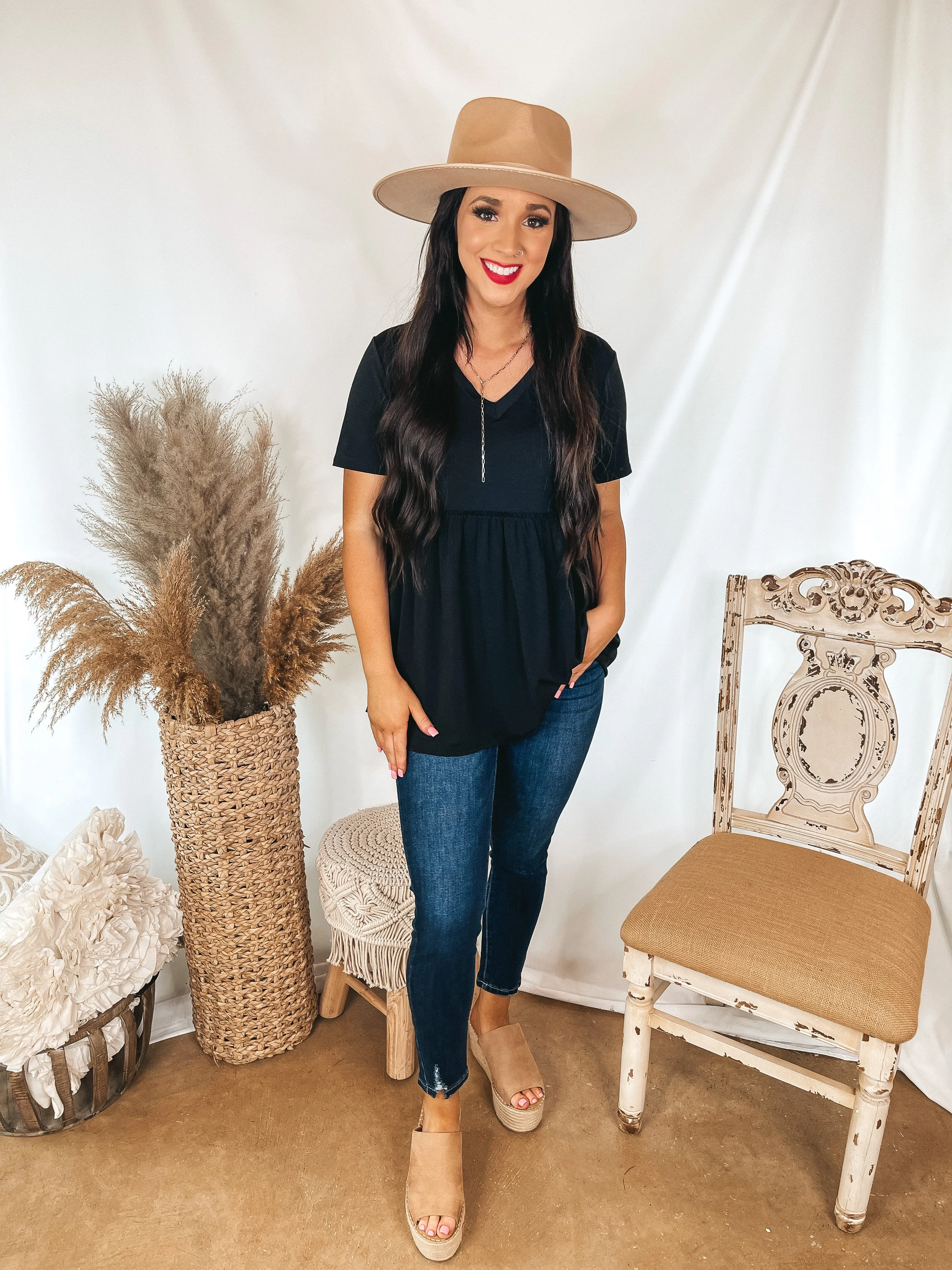 Biggest Smile Short Sleeve V Neck Babydoll Top in Black