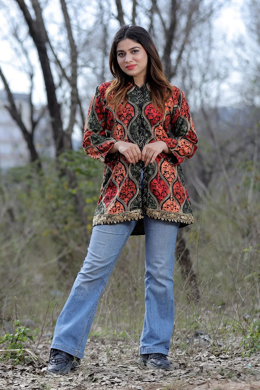 Black Multicolour Aari Work Embroidered Jacket With Beautiful Designer Matka Defines Sophistication.