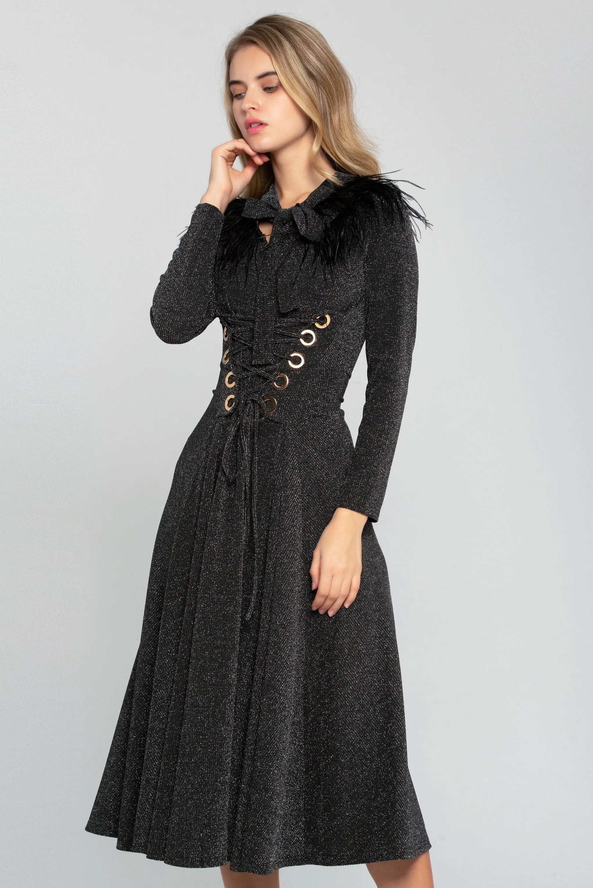 Black Shimmer Tie-up Smocked Waist Midi Dress