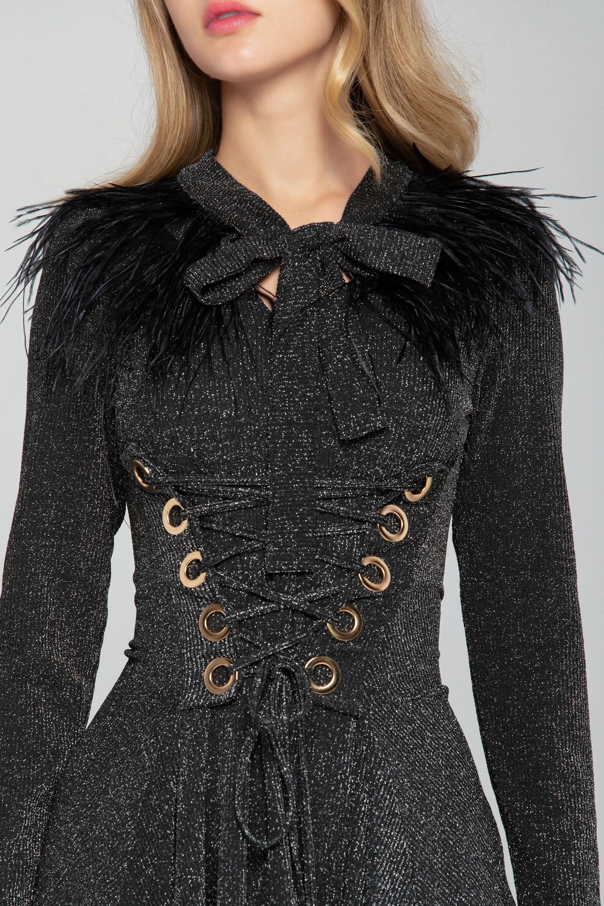 Black Shimmer Tie-up Smocked Waist Midi Dress