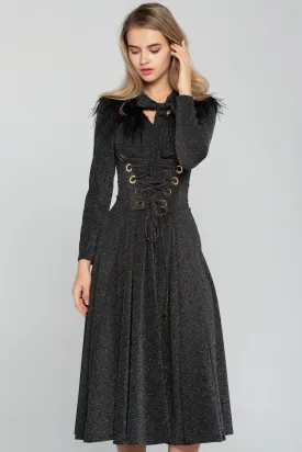 Black Shimmer Tie-up Smocked Waist Midi Dress