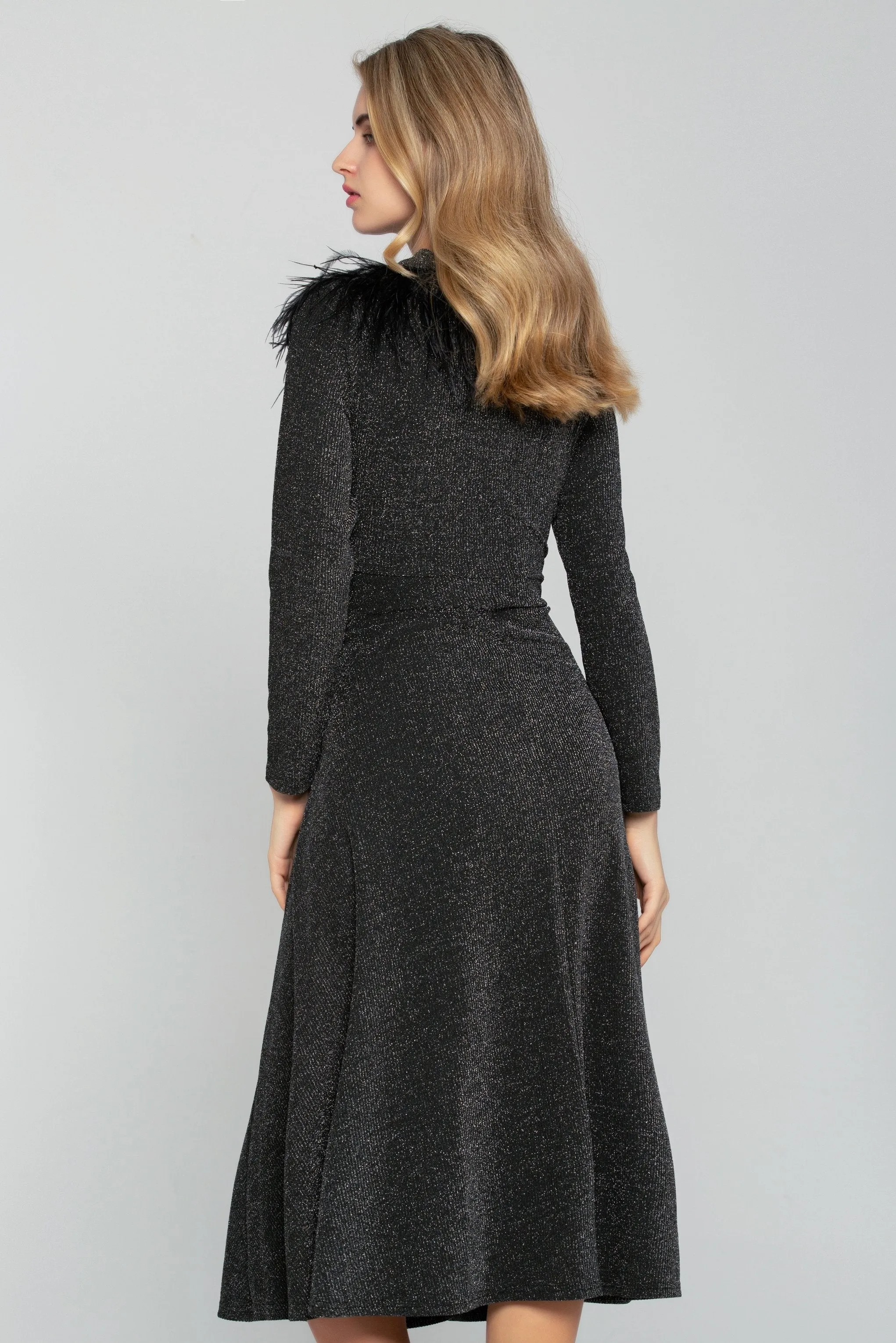 Black Shimmer Tie-up Smocked Waist Midi Dress
