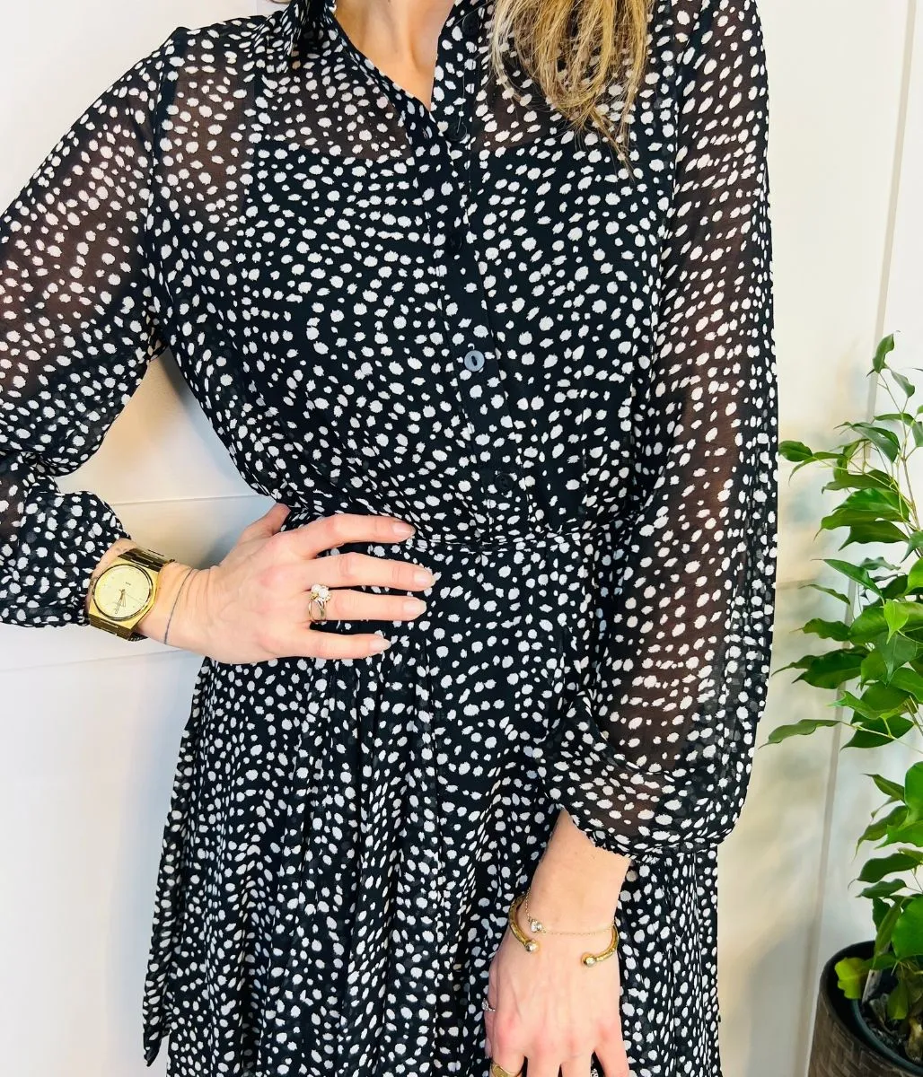 Black Spot Print Chiffon Shirt Dress