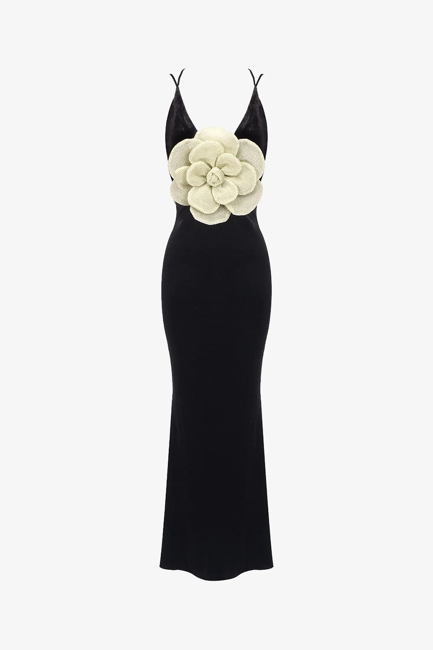 Black Velvet V-Neck 3D Floral Mermaid Dress