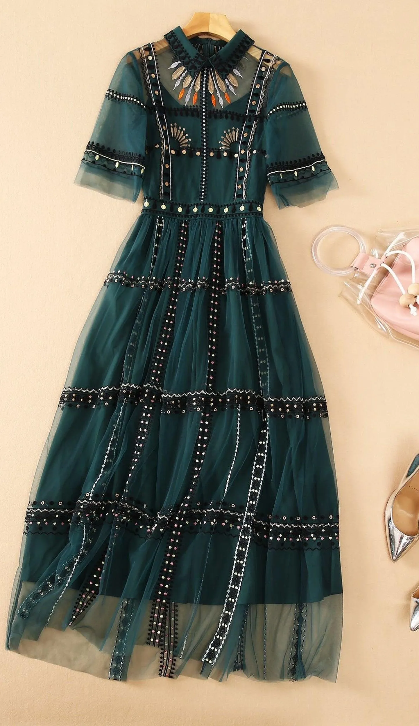 Bohemian Green Mesh Embroidery Dress
