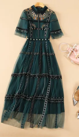 Bohemian Green Mesh Embroidery Dress