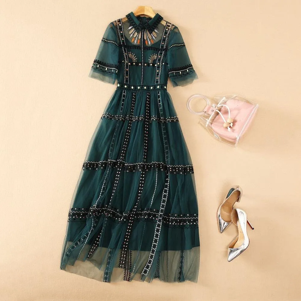 Bohemian Green Mesh Embroidery Dress